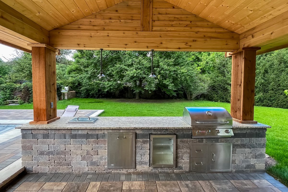 Custom outdoor kitchen at dusk